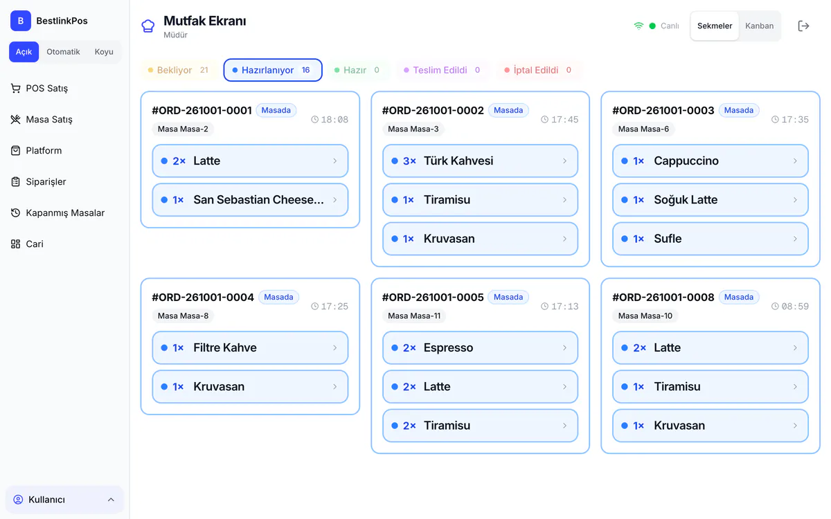 BestLinkPOS Mutfak Ekranı: masalardan gelen siparişler kart kart, hazırlanma durumuyla