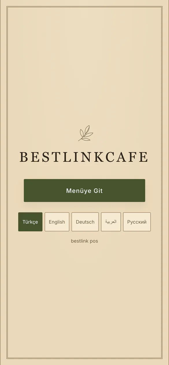 QR menü karşılama kapağı: BestlinkCafe adı ve Menüye Git düğmesi