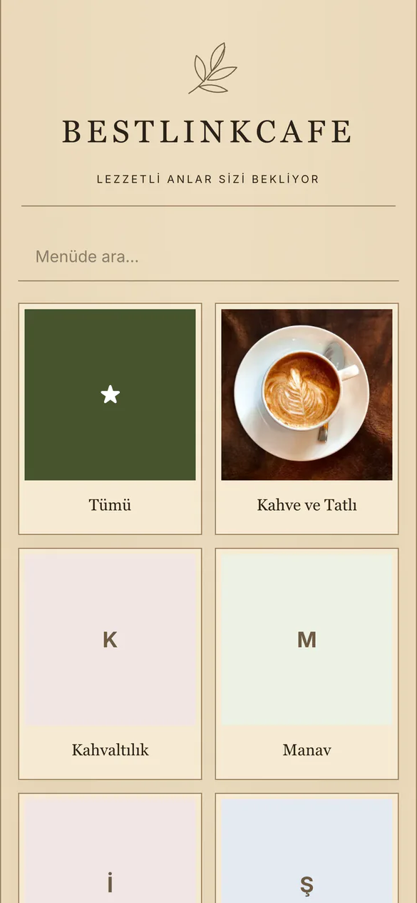 QR menü, telefonda: fotoğraflı kategori listesi