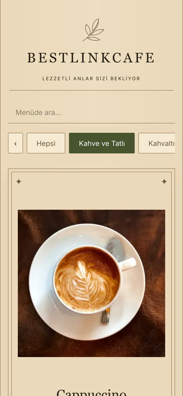 QR menü, telefonda: Kahve ve Tatlı kategorisinde fotoğraflı ürünler, açıklama ve fiyat