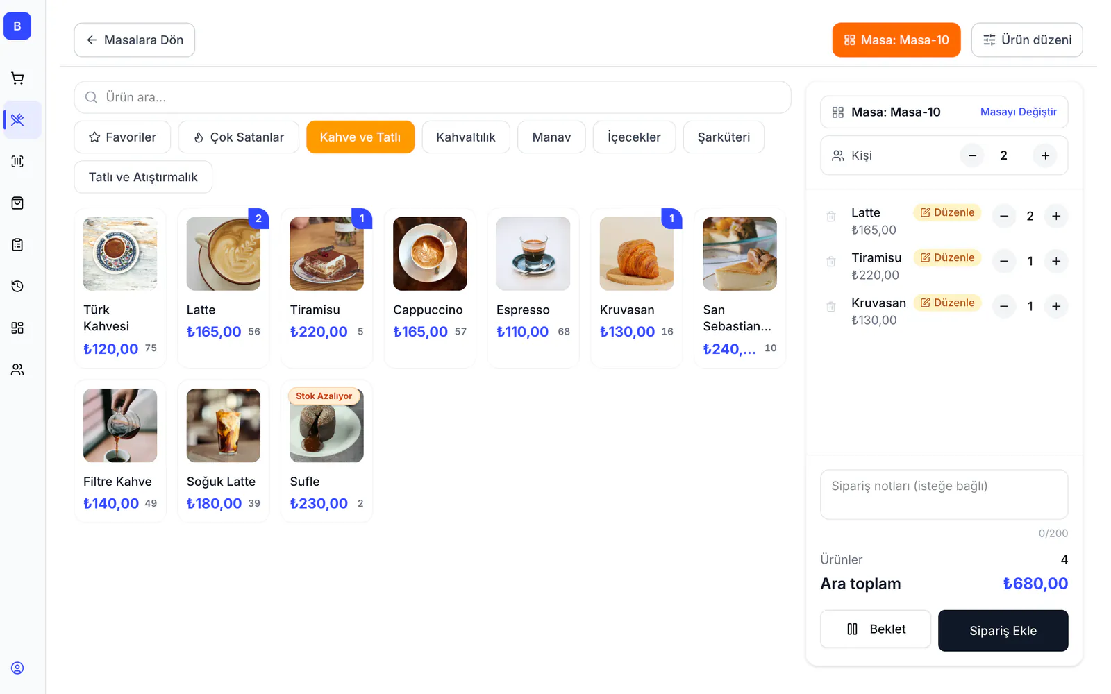 Sipariş ekranı: solda fotoğraflı ürün kartları, sağda Masa-10 sepeti; Latte, Tiramisu ve Kruvasan, kişi sayısı 2, Sipariş Ekle düğmesi