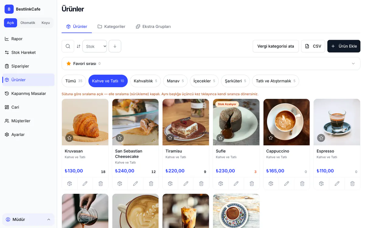 BestLinkPOS Ürünler ekranı: fotoğraflı ürünler, fiyatlar, stok sayıları ve Stok Azalıyor uyarısı