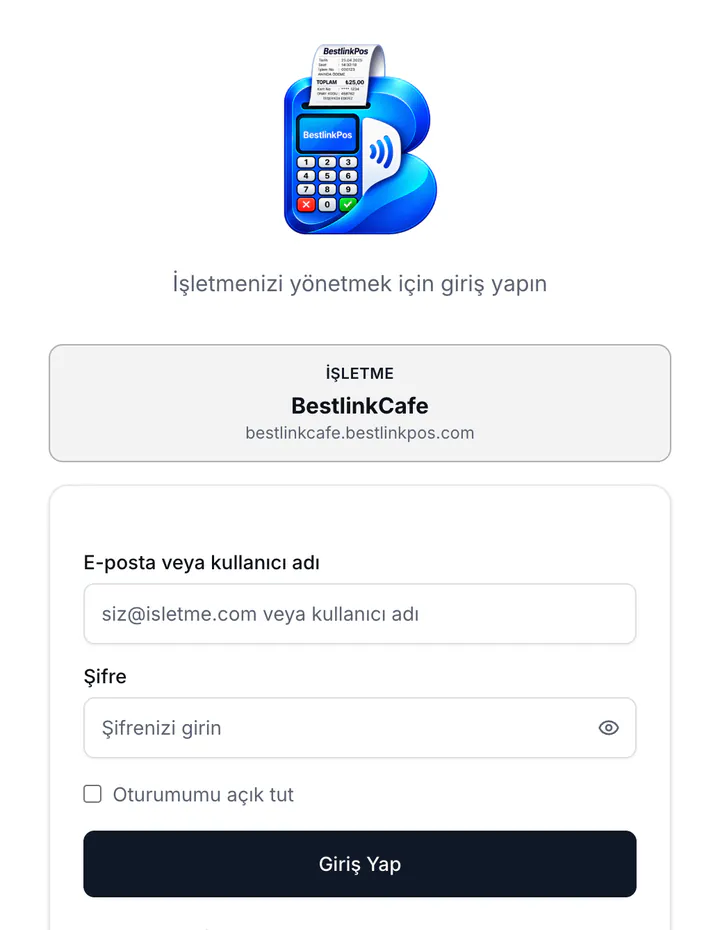 İşletme adresindeki giriş ekranı: üstte İşletme rozeti, altta e-posta veya kullanıcı adı ve şifre alanları