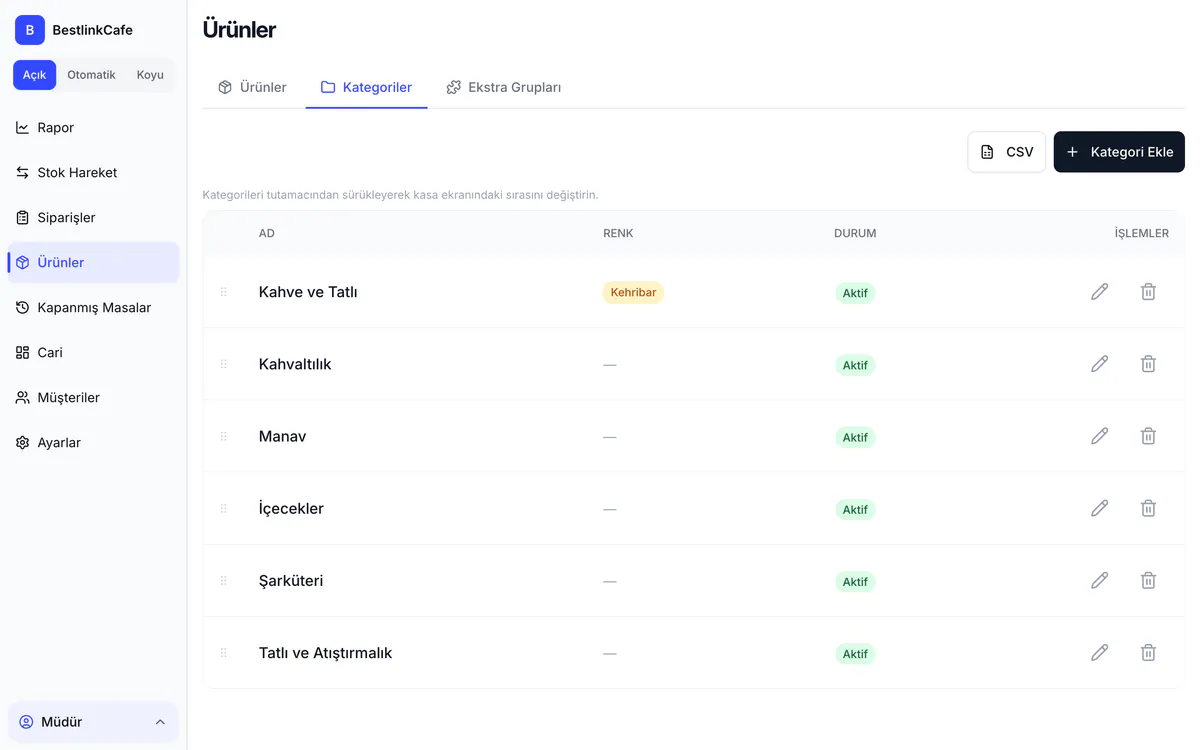 Kategoriler sekmesi: kategori listesi, renk ve durum sütunları, Kategori Ekle düğmesi