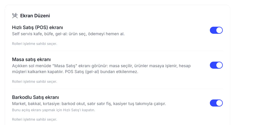 Satış Ekranı sekmesi, Ekran Düzeni: Hızlı Satış (POS) ekranı, Masa satış ekranı ve Barkodlu Satış ekranı anahtarları