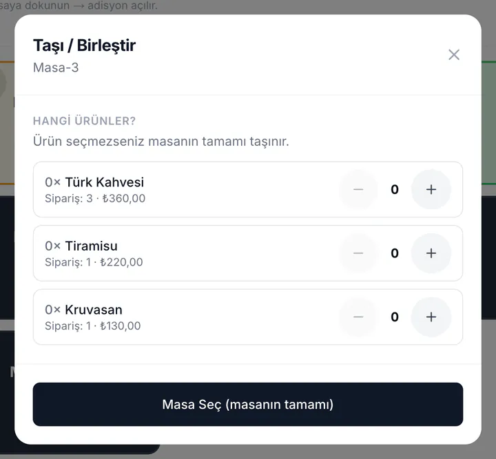 Taşı / Birleştir penceresi: Masa-3 ürünleri adet seçimiyle listeleniyor, altta Masa Seç (masanın tamamı) düğmesi